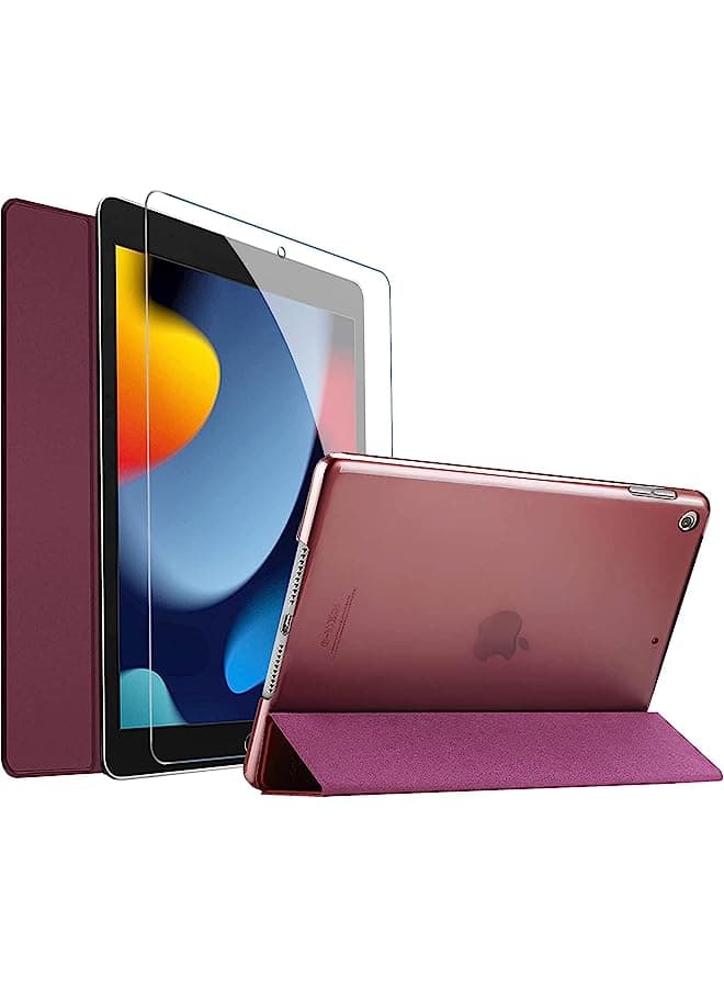 Ipad 10.2 Case 2021 9Th Gen/ 2020 8Th Gen/ 2019 7Th Gen Case With Tempered Glass Screen Protector, Slim Stand Hard Shell Protective Smart Cover For 10.2” Ipad 9Th/8Th/7Th Generation -Wine