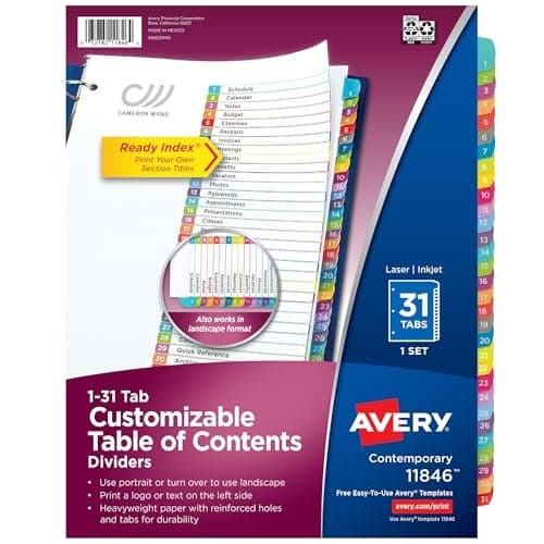Avery 131 Tab Dividers for 3 Ring Binders Customizable Table of Contents Multicolor Tabs 1 Set 12 Packs 11846