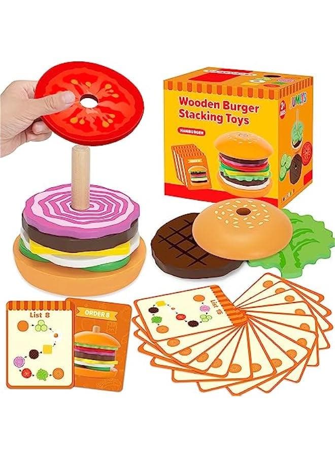 Montessori Wooden Burger Stacking Toy Fine Motor Skills Educational Learning Toy for Boys and Girls Ages Two to Five Ideal Preschool Birthday Gift