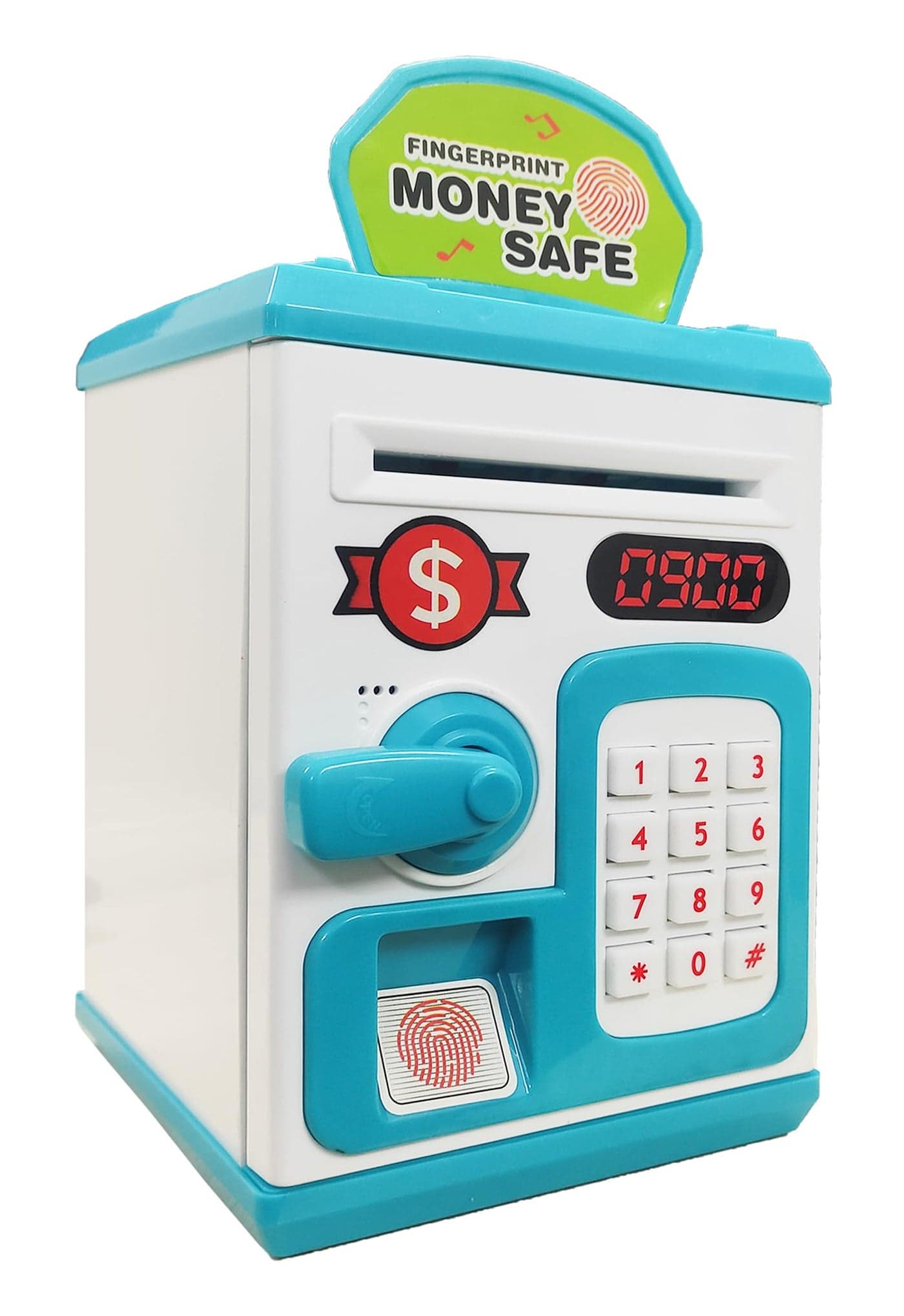 VGRASSP Money Safe Piggy Bank (The Gullak) Toy for Kids and Adults with 3 Step Unlock - Feed Number Password Touch Finger Sensor Then Twist Handle to Open The Door (Blue - White)