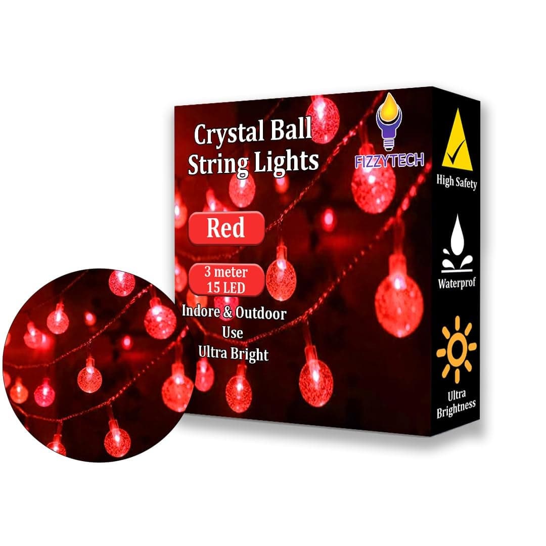 fizzytech Crystal Bubble Ball String Fairy Lights for Decortaion Diwali Christmas Xmas Light for Diwali Home Decorations Lighting 15 LED 3 Meter Crystal Ball Red