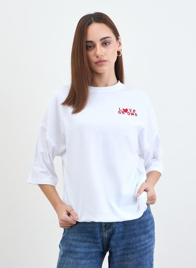 White Slogan Oversized T-Shirt with 3/4 Sleeves