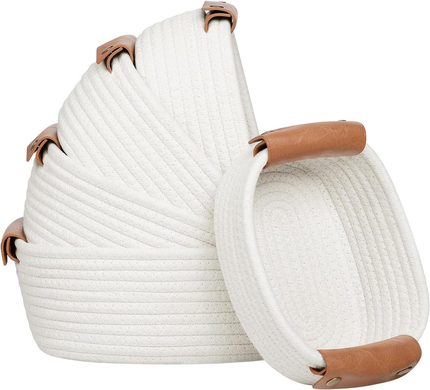 Storage Basket Set of 5 Cotton Rope Baskets With Leather Handles Small Woven Basket for Organizing Nursery Bathroom Shelves or Bedroom Decor White