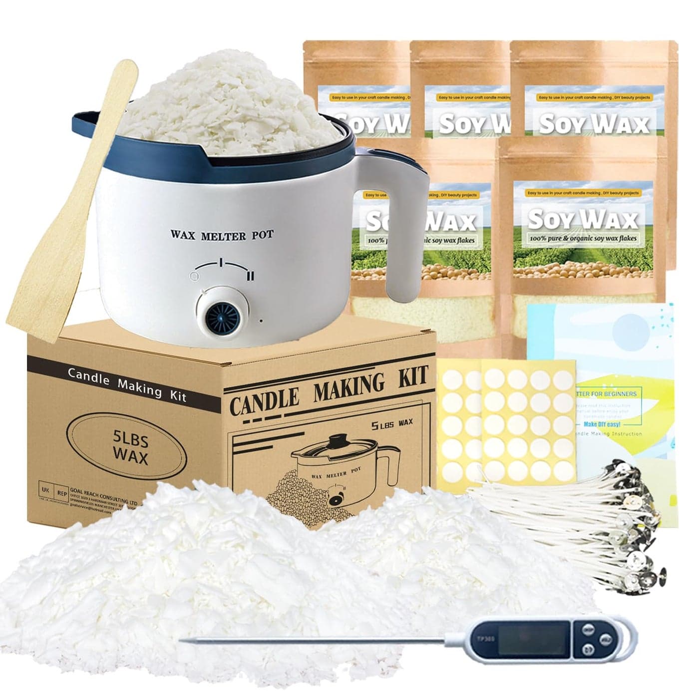 Ksedcon Candle Making Kit with Wax Melter Bulk Soy Wax for Candle Making DIY Candle Maker Supplies for Beginner Adults with 5lbs Soy Wax Wax Melter 100 Candle Wicks 100 Wick Stickers