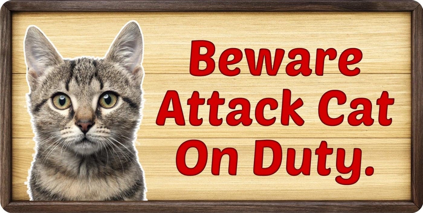 StickerPirate 148HS Beware Attack Cat On Duty 5x10 Aluminum Hanging Novelty Sign