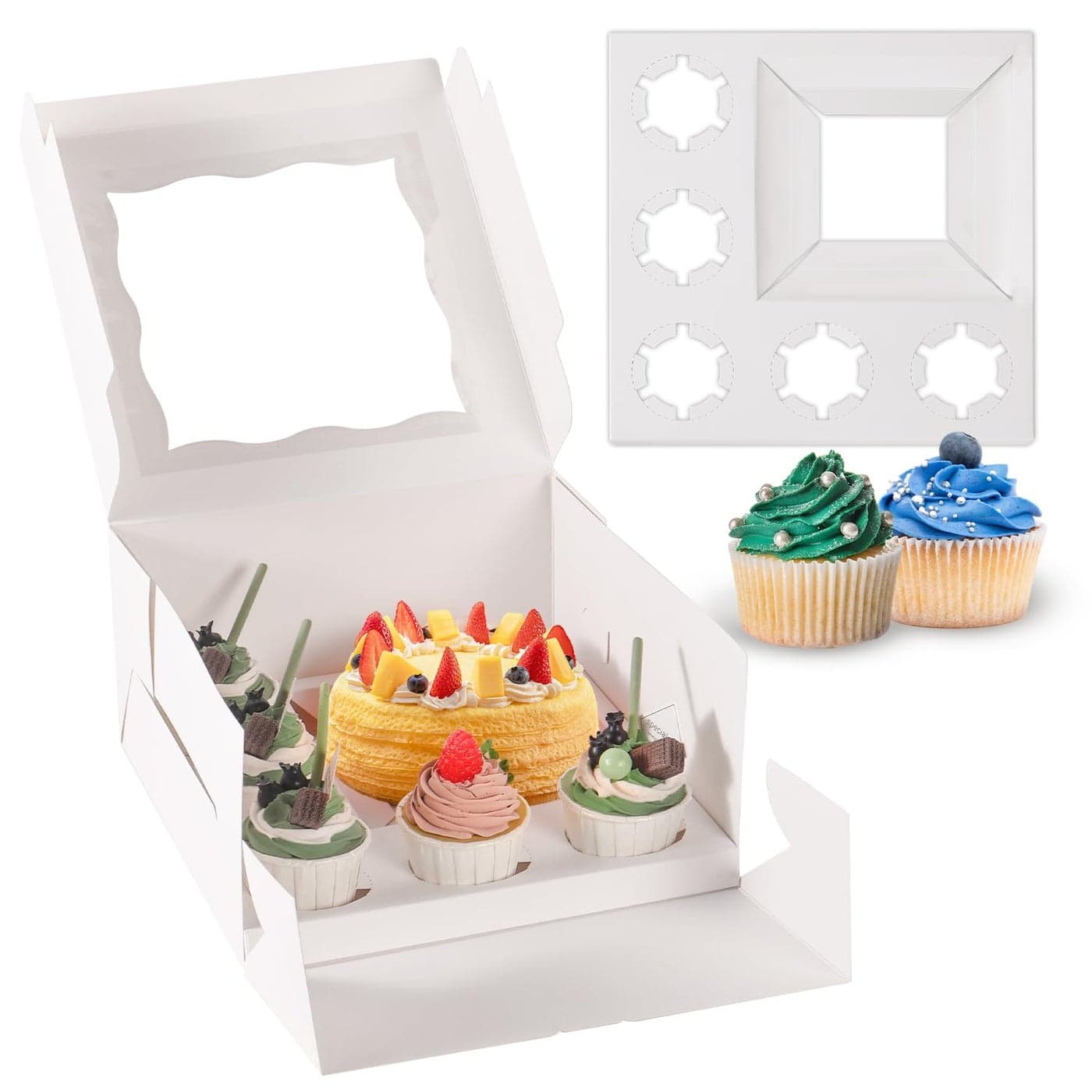 JCD 8 Packs 15 Cupcake Box Combo with Clear Window1 small Cake and 5 Cupcakes Box with insert and Stickers for Family Birthday Party Mothers day 158pcs