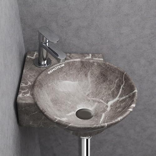 REMOTION Wall Mounted Wash Basin for Bathroom | Ceramic Wash Basin | Wall Hung Small Corner Wash Basin/Sink (16.3 x 13.8 x 4.3 Inch) (Designer Grey)