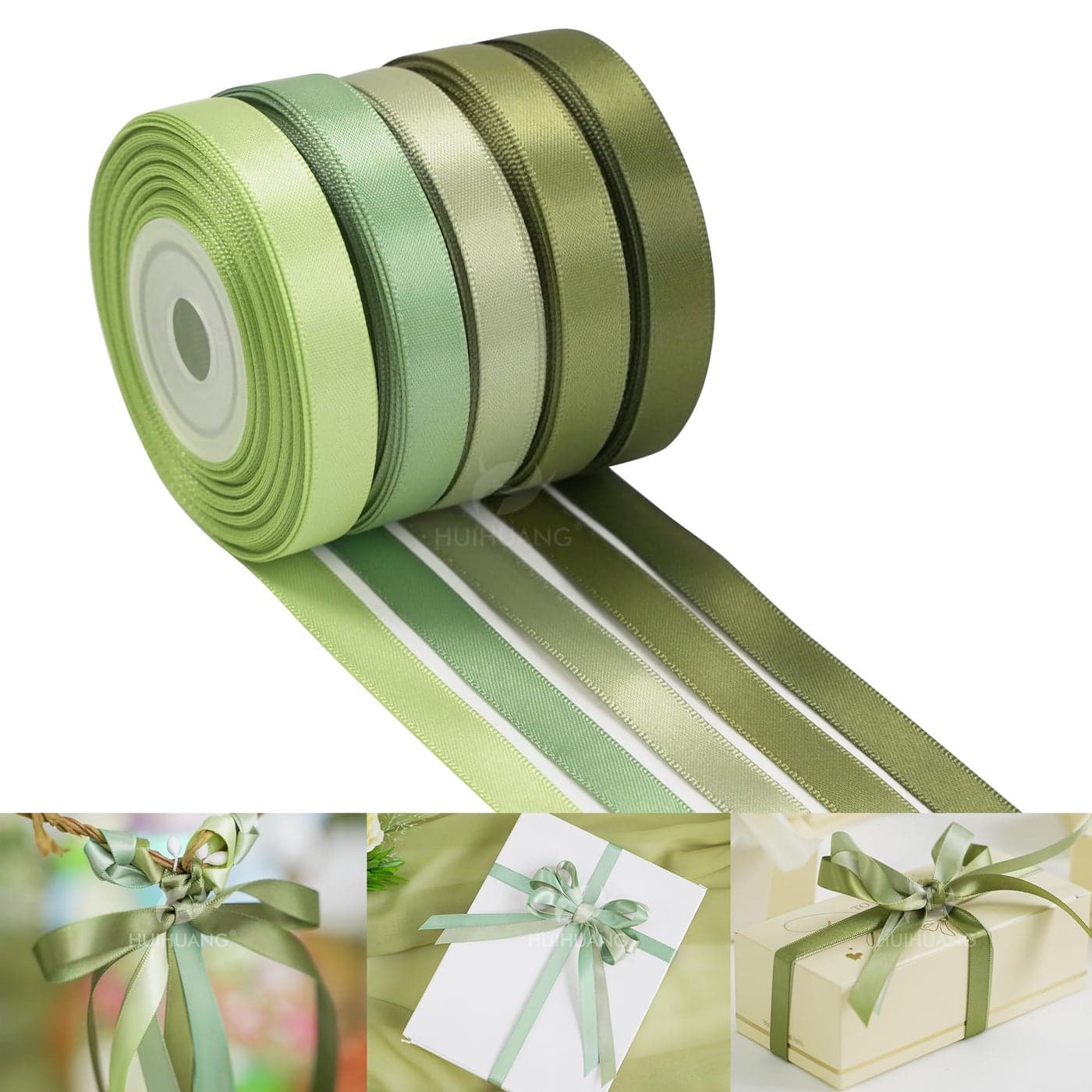 HUIHUANG Sage Green Ribbon Satin Gift Ribbon 38 inch Green Satin Ribbon Assorted Wedding Ribbon for Gift Wrapping Bridal Baby Shower Decor Floral Bouquet DIY Crafts 5 Colors X 10 Yards Each