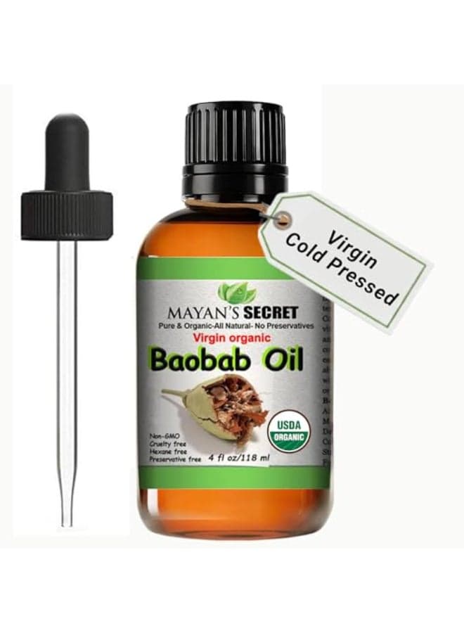 Mayans Secret Virgin Organic Baobab Oil Cold Pressed Unrefined for Skin Hair and Massage 4 fl oz