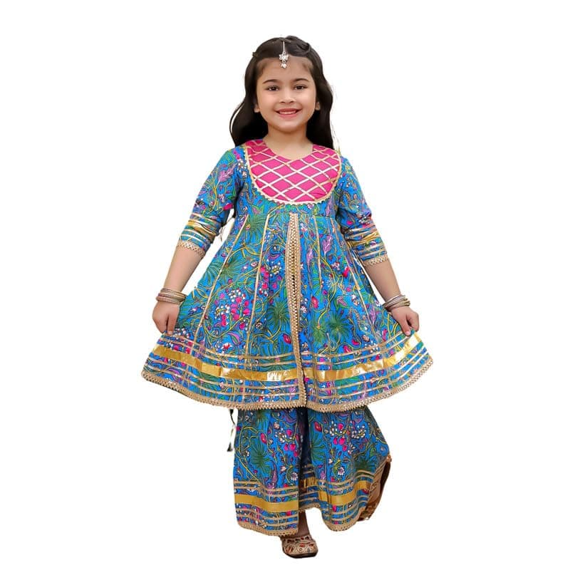 superminis Girls Cotton Floral Printed Gotta Work 3/4 Sleeves Kurti and Matching Sharara Ethnic Wear Set (2-3 Years, Blue)