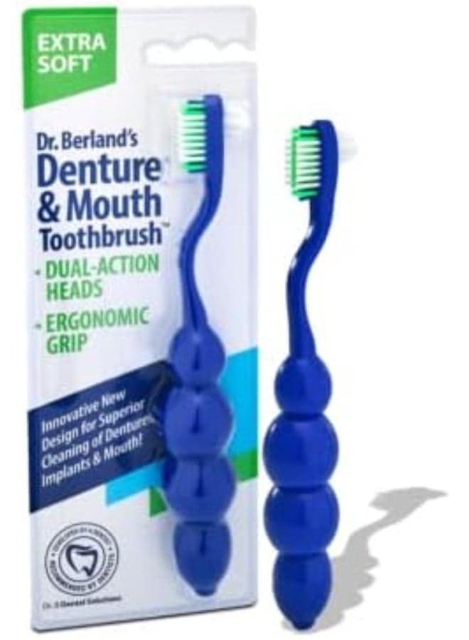 Ergonomic Denture Toothbrush Extra Soft Bristles, Removes Stains & Odor Precision Design For Implants & Overdentures Single Blue Pack