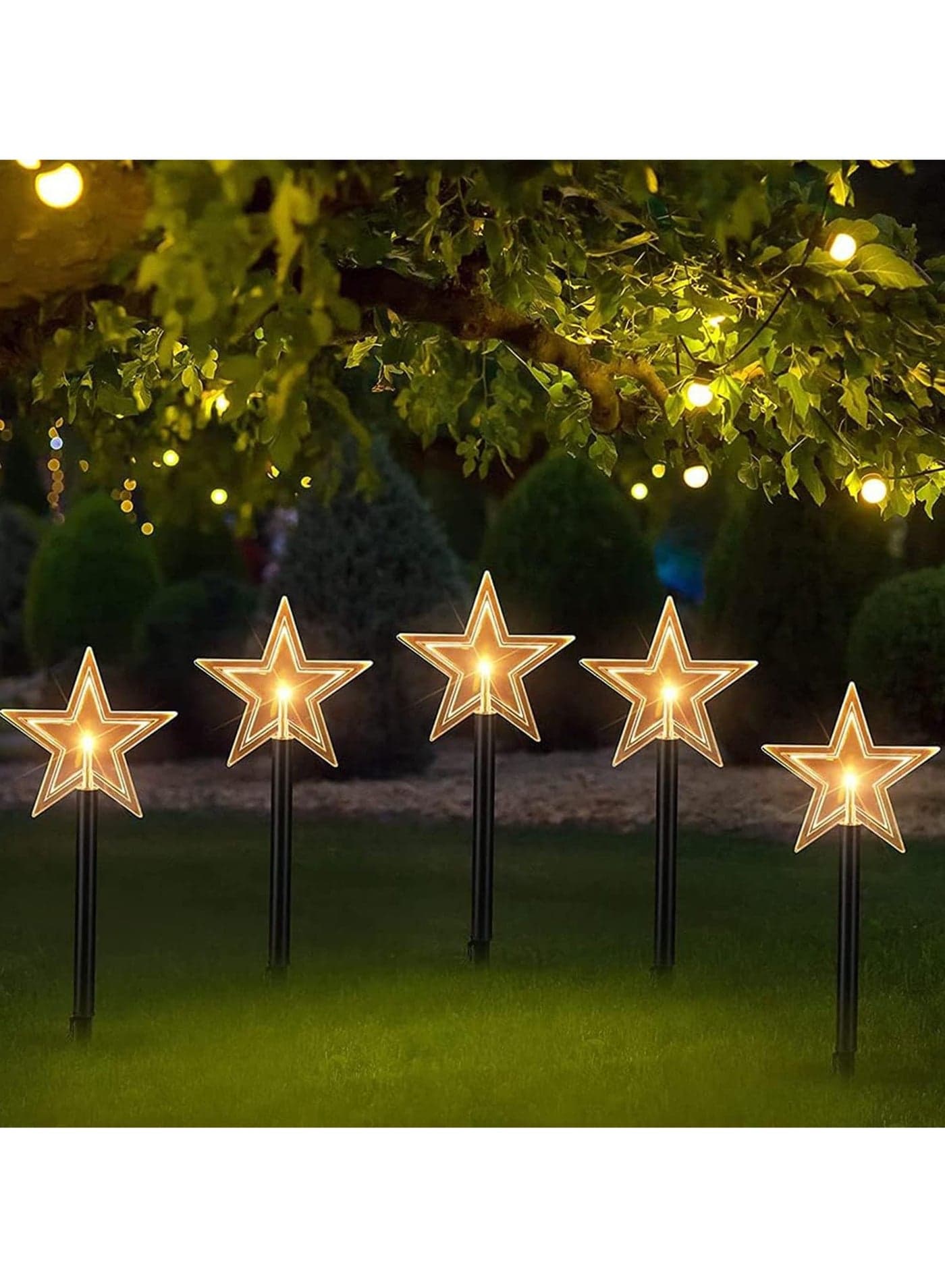 5 PCS Christmas Lights Solar Outdoor IP65 Waterproof Solar LED Fairy Lights Christmas Decoration Reindeer Christmas Tree Bells Santa Light Sticks for Garden Patio Wedding (Star)