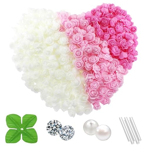 Vignor 500 Pcs 1.4 Inch Mini Artificial Flowers Head Bulk 5 in 1 Set Faux Foam Fake Small Rose Tiny Baby Flores Bouquet Cake Gift Home Decoration DIY Craft (Pink, Light Pink, White Mixed)