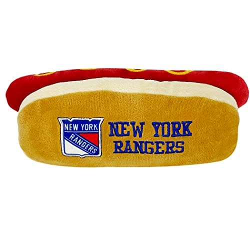 Pets First NHL New York Rangers HOT Dog Plush Dog CAT Squeak Toy Cutest HOTDog Snack Plush Toy for Dogs Cats with Inner Squeaker Beautiful Hockey Team NameLogo 8 x 5 x 3 Inches
