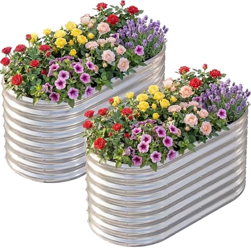AHEONLAR 2 Pack 4×2×2ft Galvanized Raised Garden Bed Outdoor,Oval Sturdy and Durable Planter Boxes for Vegetables, Fruits, Flowers and Plants, Easy Assembly, Silver