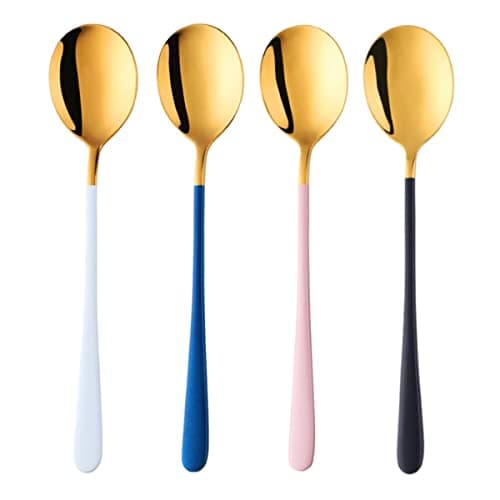 OLWICK® 4 PCS 304 Stainless Steel Round Head Soup Spoons, Modern Thick Long Handle Dinner Spoons for Soup,Dessert,Milk,Tea,Coffee, (Gold)