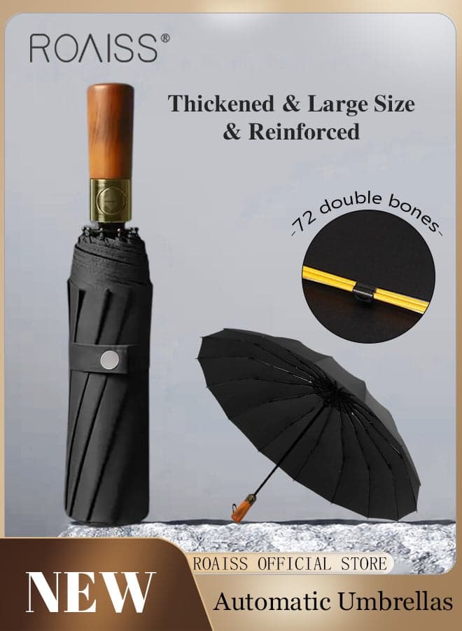 Unisex Multi Functional Semi Automatic Umbrella with Wooden Shaft Windproof Reinforced Dual Person Business Style 72 Rib Large Canopy Semi Automatic Umbrella for Rain or Shine