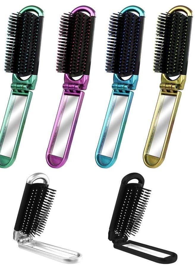 6 PCS Folding Travel Hairbrush Set with Compact Mirror for Women - Mini Pocket Brush with Mirror for Purse and Girls