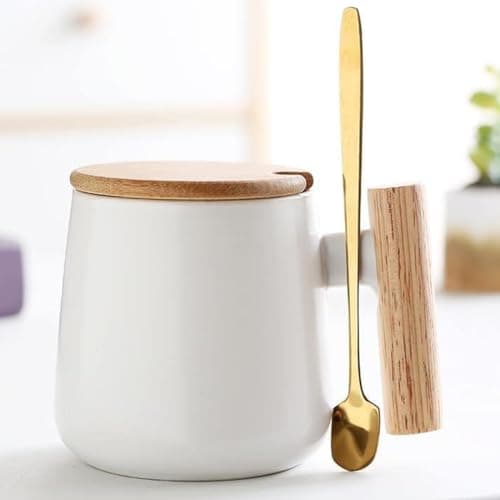 BonZeal Ceramic Royal Classy Premium Mug with Wood Lid Steel Spoon White 385 ml Birthday Gift for Boys Girls Boyfriend Girlfriend Mom Dad Him Her Mugs for Coffee Gift for Birthday