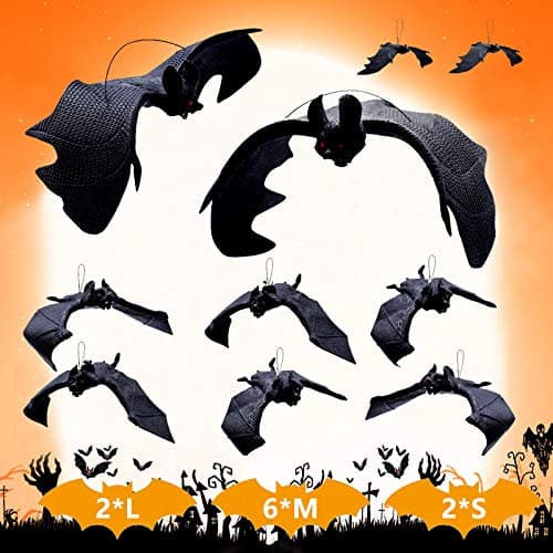 Halloween Hanging Bats Decorations 10 pcs Creepy Flying Rubber Bats Decor Caution Tape for Outdoor Indoor Realistic Looking Spooky Bats for Halloween Party Supplies Prank Toy Haunted House Decor