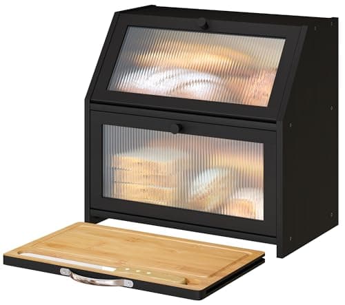 Vriccc Extra Large Bread Box with Cutting Board Bamboo Wood Bread Box for Kitchen Counter, Double Layer Large Capacity Bread Storage Bin with Acrylic Wavy Door Panel (Black)