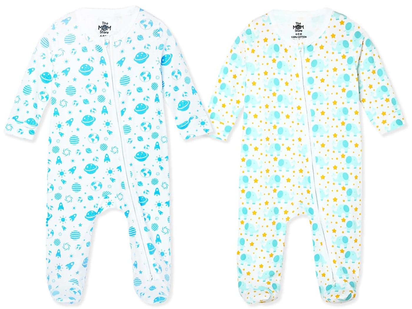 The Mom Store Baby Zipper Romper For Boys And Girls Pack Of 2 | Cotton | Trendy Stylish Nightsuit For Newborn Baby | Printed | Front Zipper | (Elephantastic-Out Of The World- 0-3 M)