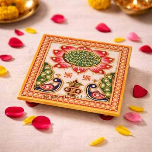 Handicrafts Paradise ( 6 x 6 inch Pooja Chowki in Marble with Peacock Design (Multicolour), Home Mandir, Idols Statues Pratima, Bajot for God, Home Décor Showpiece