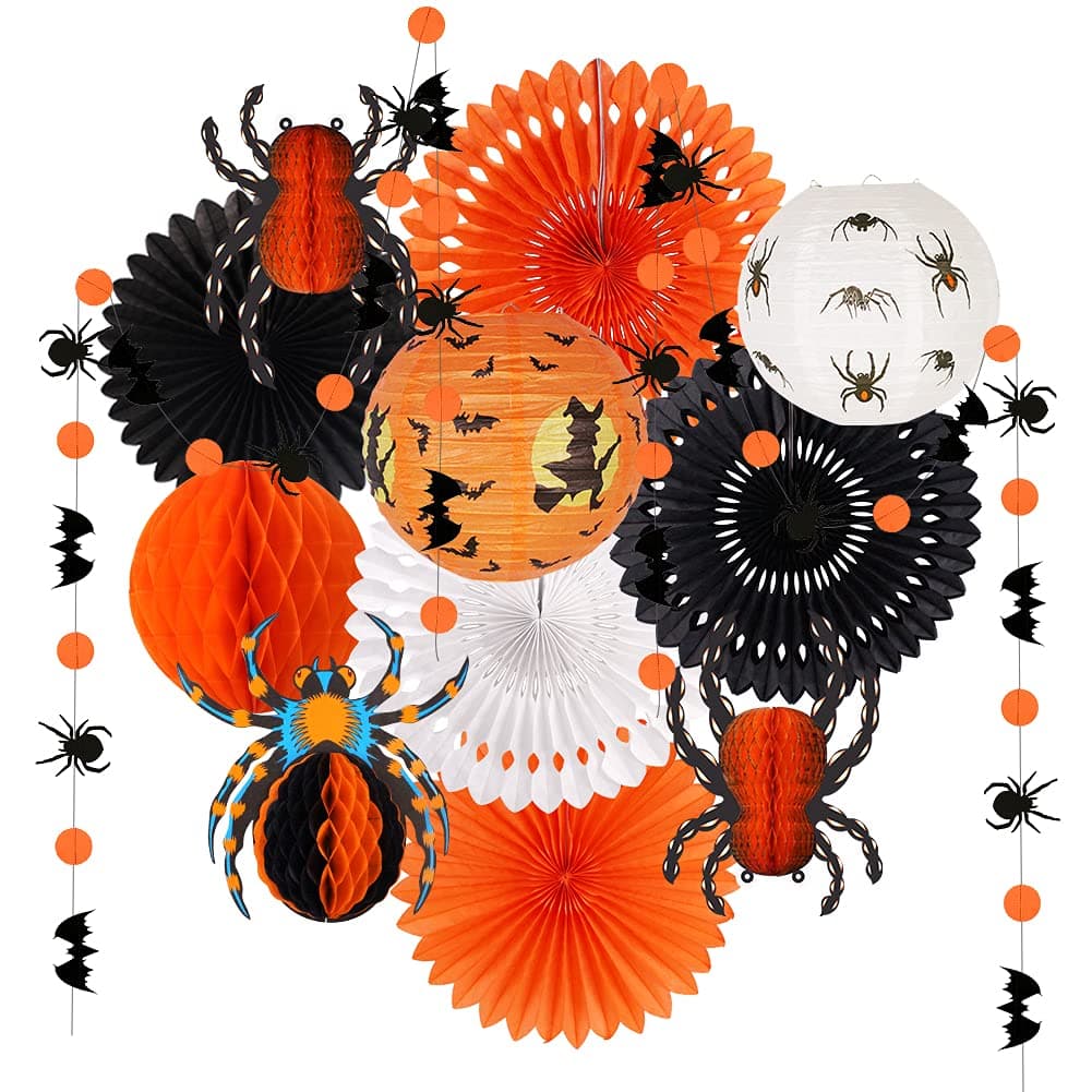 Halloween Party Decorations Hanging Spider Bat Paper Lanterns Spiders Honeycomb for Halloween Home Decor Birthday Party Supplies Props Orange Black