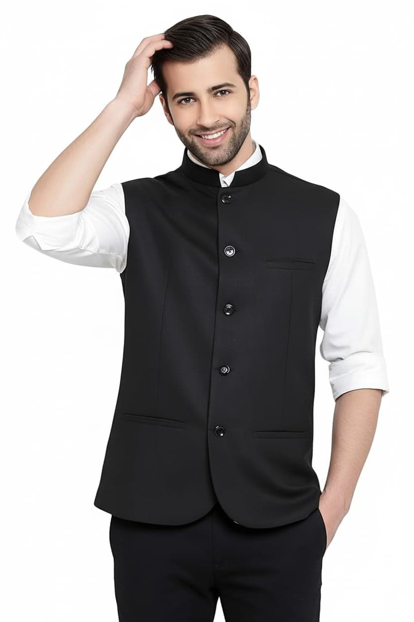ROCKSY Black Nehru Jacket, Bandi Modi Koti for Men, Cotton Waistcoat for All Occasion: Diwali, Wedding, Ethnic, Office Party, Formal and casual Look, Size 40
