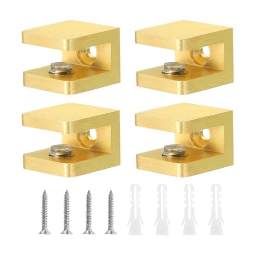 uxcell Glass Shelf Clamp, 4Pcs Brass Glass Clamp for 5-8mm Thick Glass, Adjustable Glass Shelf Bracket Support Holder, Gold