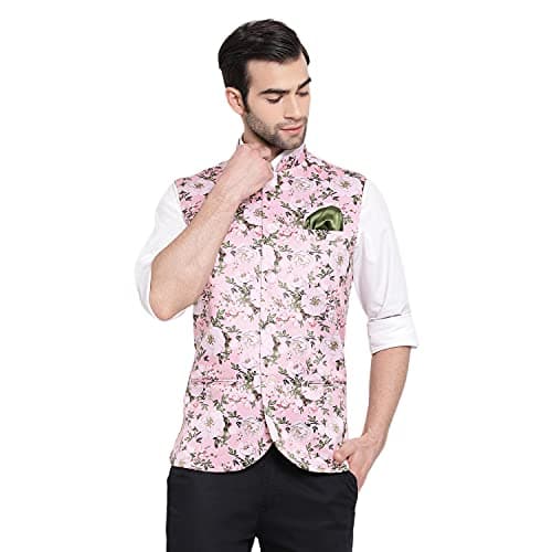 VASTRAMAY Mens Silk Blend Pink Nehru Jacket - Timeless Style & Versatility | Digital Floral Printed Ethnic Sleeveless Coat for Formal & Casual Wear_VASMJ055PN_42