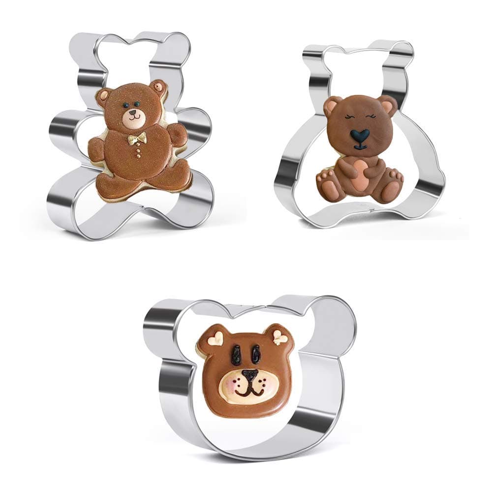 Crethinkaty Teddy Bear Cookie Cutter Set 3 Pieces Bear Face and Teddy Bears Stainless Steel Biscuit Cutters Fondant Cake Decoration for Baking