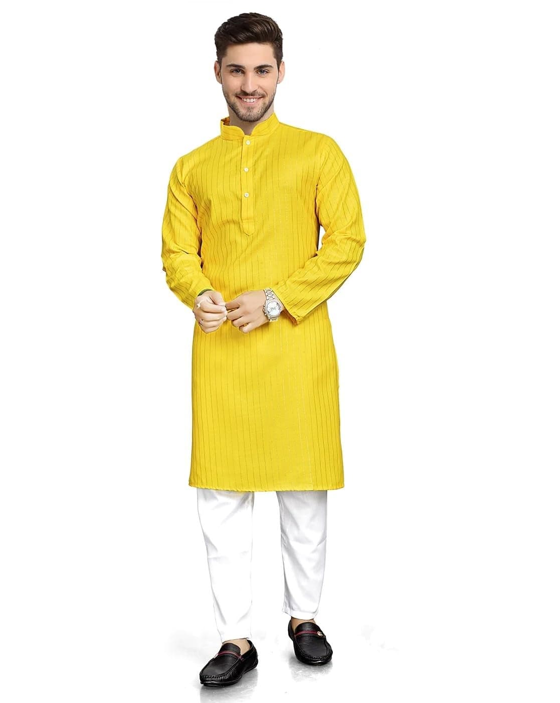 Enmozz Men's Textured Lining Kurta Yellow