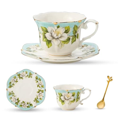 TATSUMI Country Roses Bone China Tea Cup and Saucer Set, 3 Pieces, Vintage Style, For Women and Tea Parties(Light Green, 1 set)