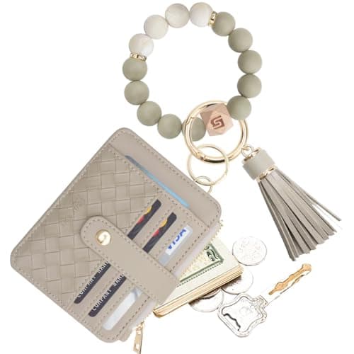 COOLANS Wristlet Bracelet Keychain Pocket Credit Card Holder Purse Tassel Keychain Bangle Key Ring for Women (Silicone Bead Bracelet+Card Purse (Grey))