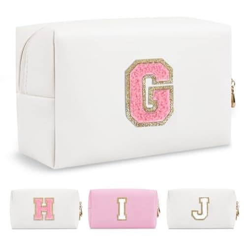 Personalized Makeup Bag Initial A-Z Preppy Patch Bag,Small PU Leather Travel Cosmetic Bag Pouch with Zipper,White Cute Toiletry Bag,Gift Ideal for Teen Girls Women Birthday Friend Mom,Letter G