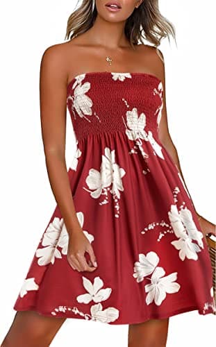 Women’s Casual Strapless Flowy Vintage Floral Summer Dresses(WineRed,2XL)