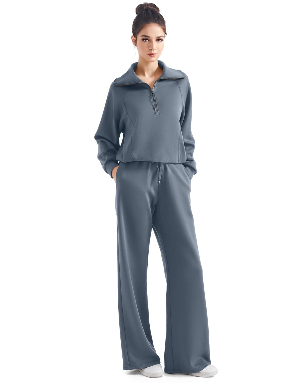 SUUKSESS Women 2 Piece Lounge Matching Sets Wide Leg Sweatpants Half Zip Oversized Sweatshirts (Grey Blue, XS)