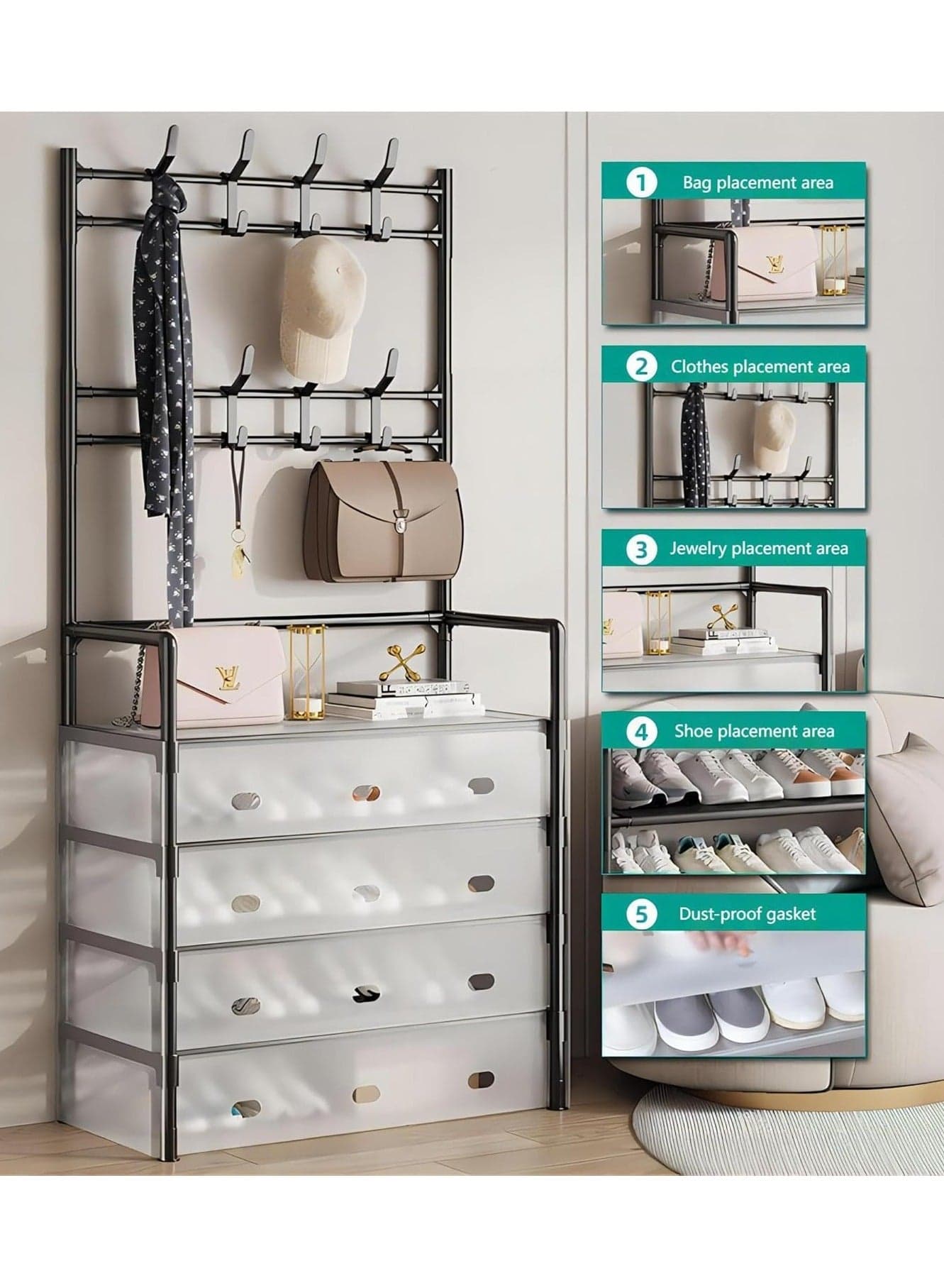 Shoe Rack, 5 Tier Metal Shoes Shelf with Hooks & Cover for Entryway, Dustproof Sturdy Coat Rack Storage Organizer for Clothes Shoes Hat Bag Bedroom Hallway Office Dorm