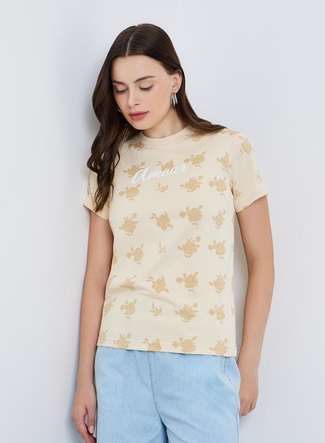 Women Beige Floral Graphic 100% Cotton T-Shirt
