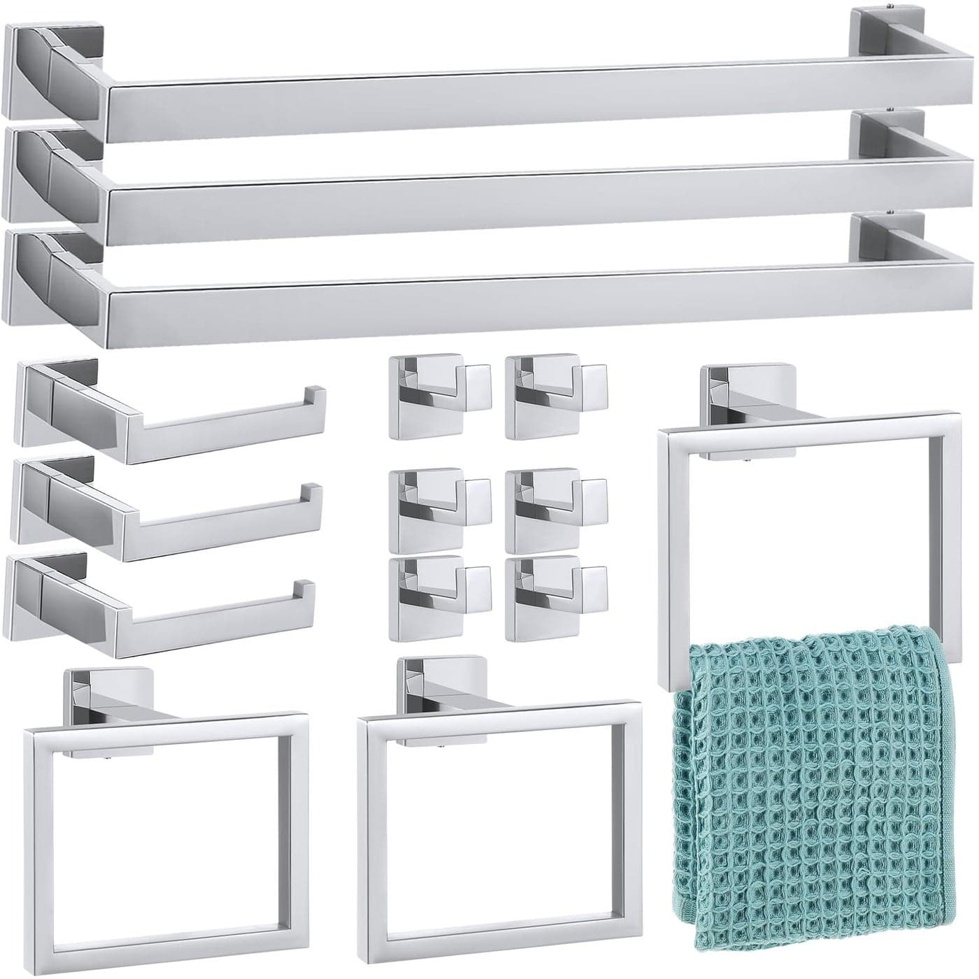 Gisafai 15 Pcs Bathroom Hardware Accessories Set 236 Inch Bath Towel Bar Kit Stainless Steel Bathroom Hardware Set Towel Racks Ring Hooks Paper Holder for Wall Mounted Silver