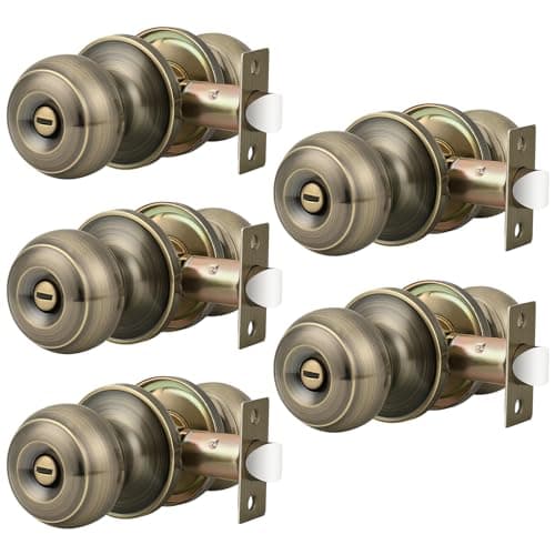 Probrico Privacy Door Knobs Lock Interior Bedroom Bathroom Door Handle Antique Brass Round Ball Keyless Lockset 5 Pack