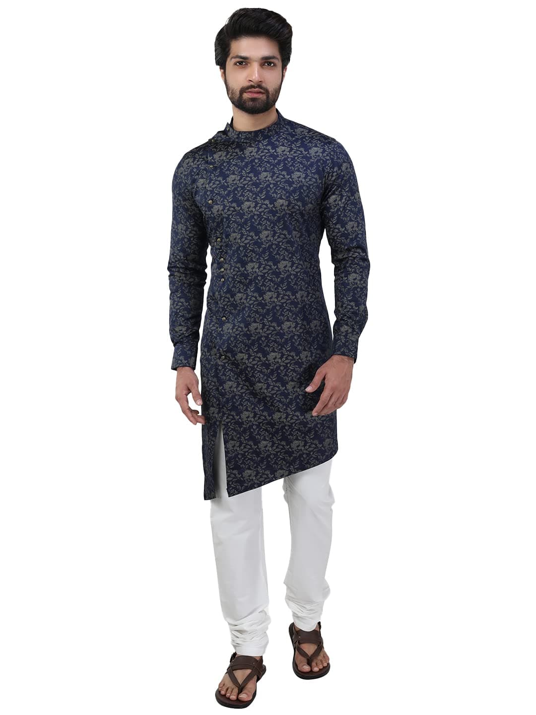 Manyavar Floral Print Casual Cotton Full Sleeves Kurta for Men - (Navy Blue, Medium)