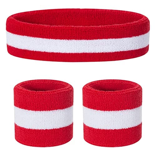 ONUPGO Kids Sweatbands Headband Wristband Set - Athletic Cotton sweat band for Sports (1 Headband + 2 Wristbands) (Red/White/Red)
