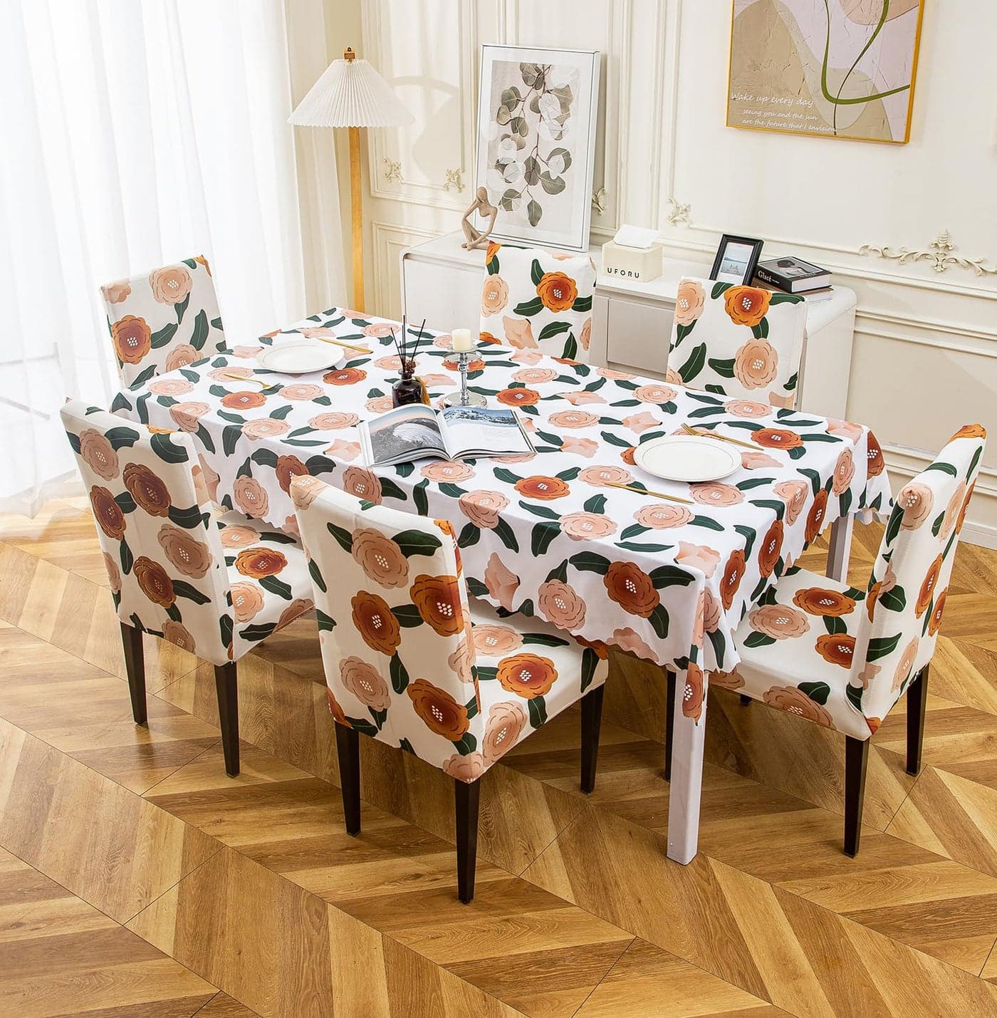 House of Quirk Pvc Dining Table Cover Waterproof with 6 Chair Covers for Kitchen Dining Table Cloth Dust and Oil Repellent ((White/Brown Flower, 1 Table Cover + 6 Chair Cover)), Rectangular