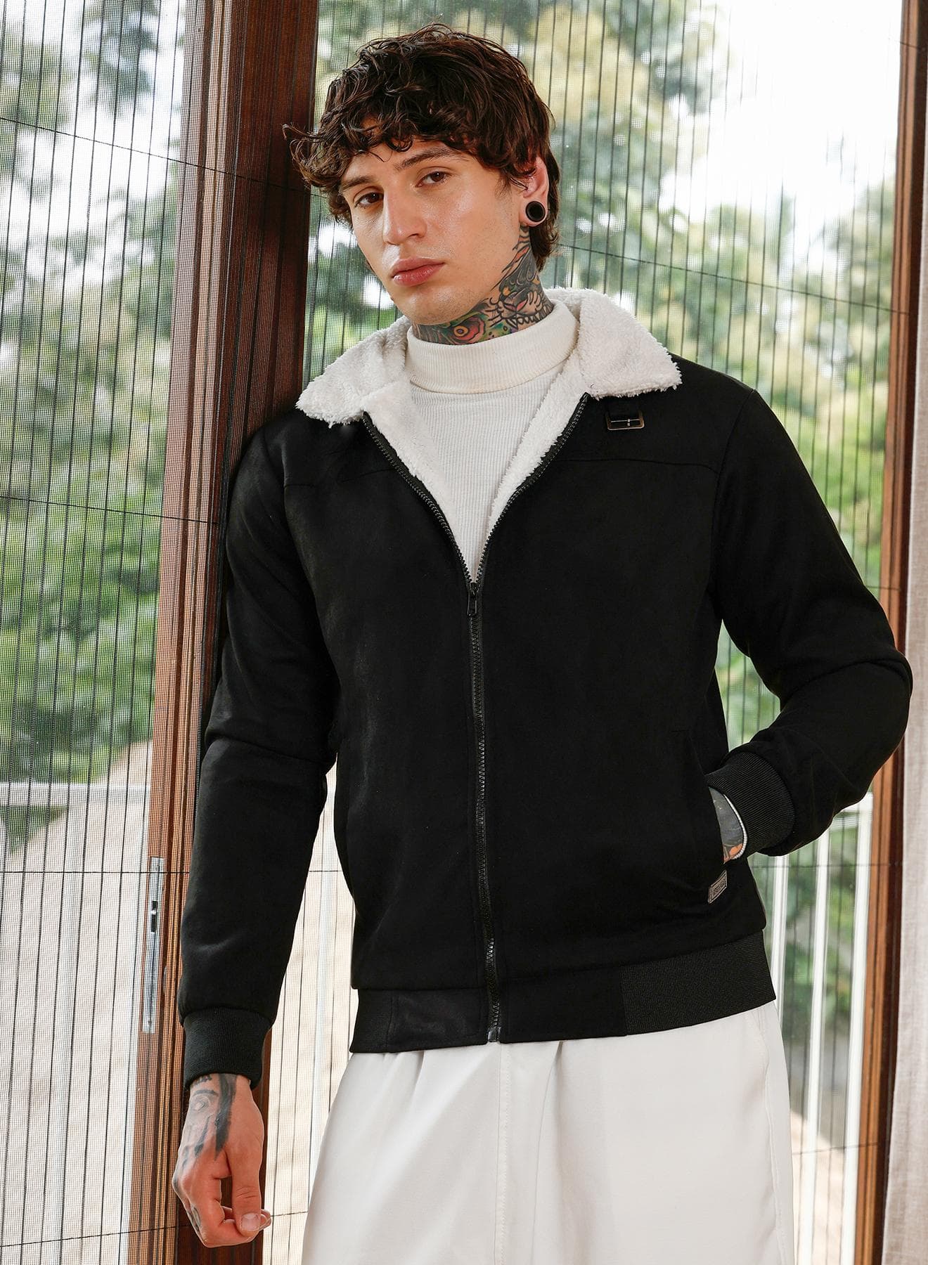 Men's Raven Black Contrast Sherpa-Lined Suede Bomber Jacket