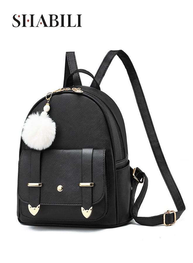 Women Girls PU Backpack School Daypack, Ladies Large-Capacity Multi-Pocket Back Bag with Detachable Furry Pom Charm college bag, Youth Teenager for Daily Casual Study Travel Party (Black)