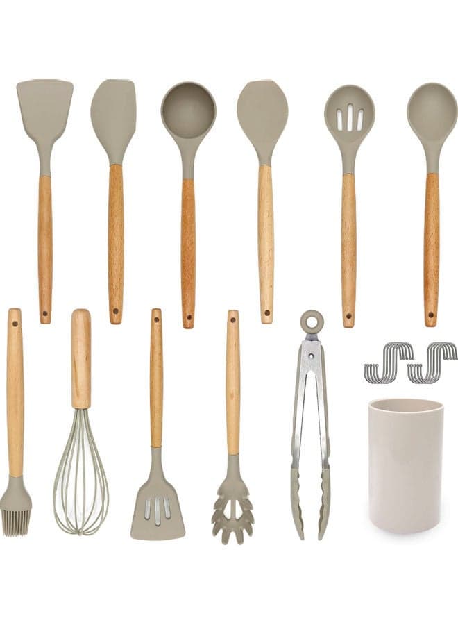 11-Piece Silicone Cooking Utensil Set Grey/Brown 35.00cm