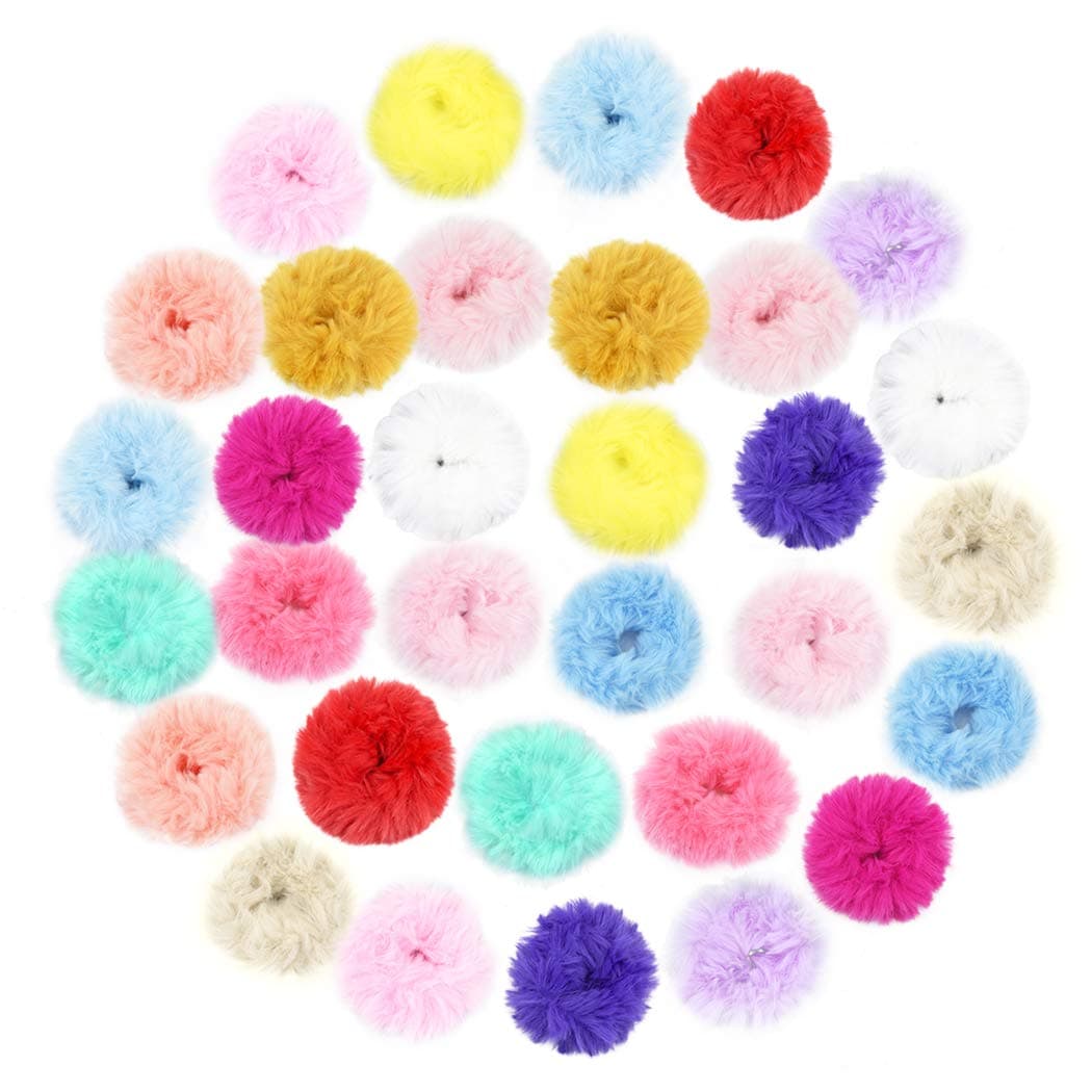 jiebor 32PCS Faux Fur Scrunchies and Hair Accessories for Women Fuzzy Hair Ties Bands Ropes Wristbands Rings for Ponytail Holders