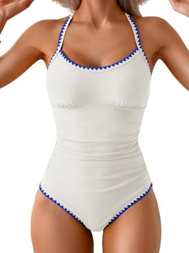 Eomenie Women's One Piece Swimsuit Tummy Control Slimming Bathing Suit Ruched Swimwear Tie Back Shell Stitch Swim Suit White Royal Blue